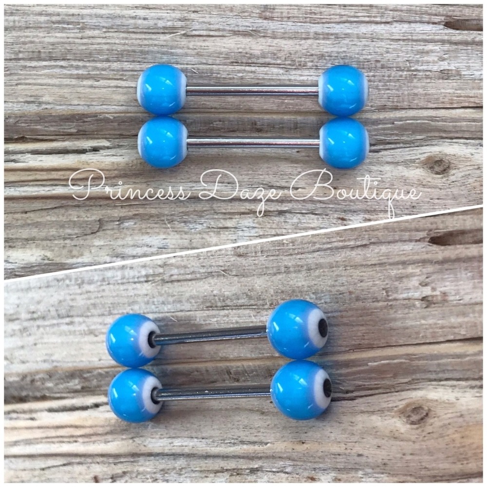 Evil Eye Nipple Ring Barbell Set Blue Acrylic Body‎ Jewelry
